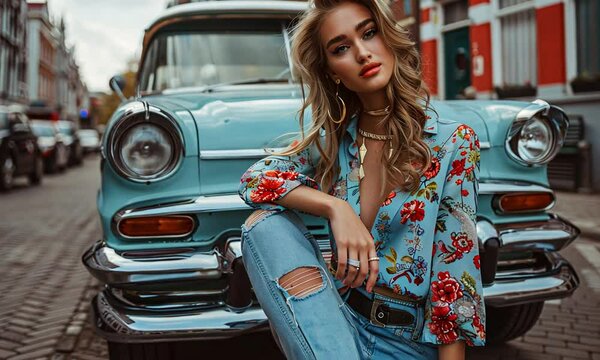 Vintage Vogue: A stunning blonde model exudes effortless chic, leaning against a powder-blue classic car in a captivating street scene.