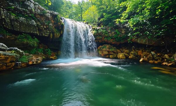 Tranquil Waterfall Oasis: Lush foliage frames a cascading waterfall, its crystal-clear water plunging into a serene turquoise pool. Tranquility and beauty harmonize in this idyllic natural paradise. 