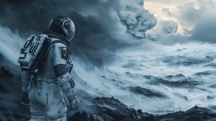 Fototapeta premium Hostile Arrival. A futuristic spaceman arrives onto a stormy planet surface. Conceptual 3D illustration. 