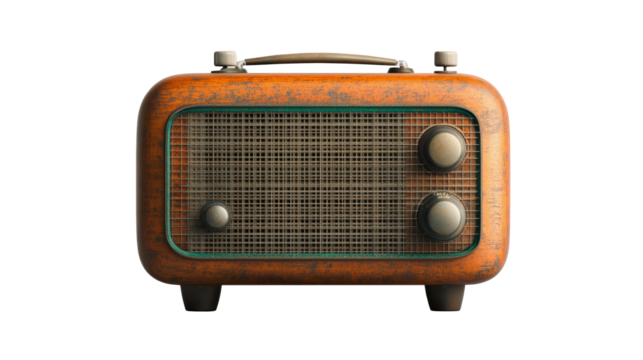 A vintage wooden radio with two control knobs and a wire mesh front, evoking a nostalgic feel from a bygone era.