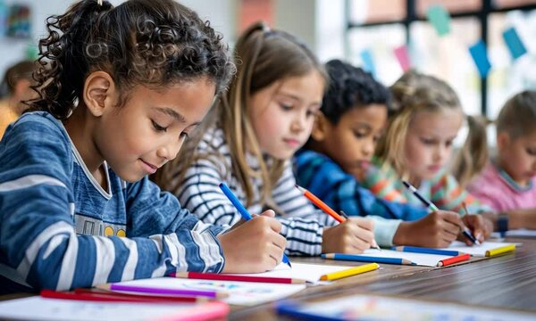 Colorful Classroom Learning: A diverse group of young students, focused and engaged, color and draw together in a vibrant classroom setting, embodying the joy of learning and creative expression.