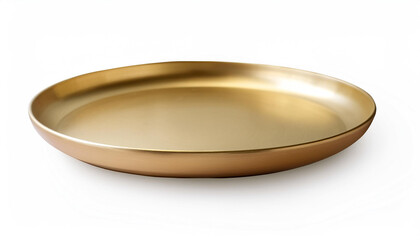 Empty golden plate isolated on white background with clipping path. Front view of gold round flat plate with shadow. Mock up template for food poster design.
