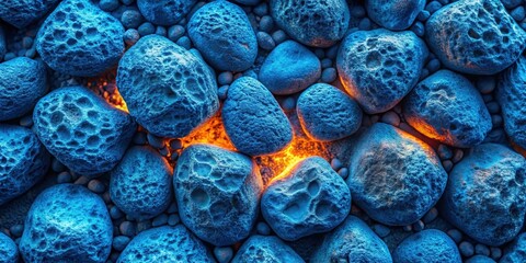 A close-up abstract texture of blue and orange stones, with glowing light emitting from underneath the rocks, creating a mesmerizing contrast and a sense of hidden heat.