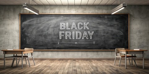 Black Friday Sale Announcement Written on a Classroom Chalkboard with Two Desks and Chairs in an Empty Room