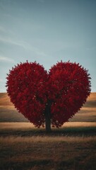 Heart-shaped tree with red leaves in open landscape