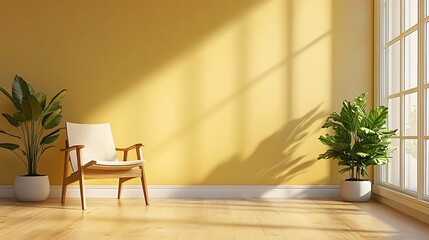 Minimalist Living Room with Yellow Wall, Wooden Chair, and Sunlight