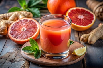 Fresh grapefruit juice surrounded by fruits and leaves on wooden table