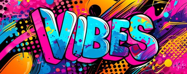 Eye-catching pop art background with "VIBES" inside. Retro patterns, Bold graphics, Bright vector