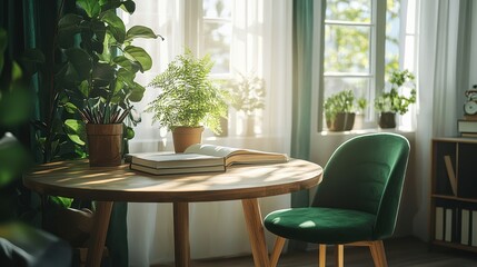 Round Wooden Table with Books, Plants, and Green Chair in Bright Dining Room
