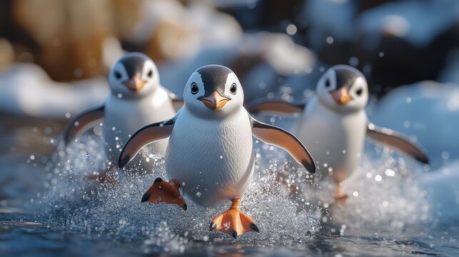 Penguins in a 3D realistic action  perform a slapstick comedy on ice, slipping and sliding in a choreographed musical number