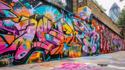 Vibrant Colorful Graffiti Mural on City Wall with Abstract Design