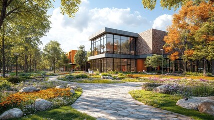 Obraz premium Modern building surrounded by a landscaped garden with flowers.