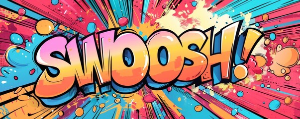 Energetic pop art background featuring "SWOOSH." Comic book style, Dynamic patterns, Bright vector
