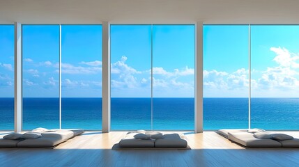 Fototapeta premium Modern interior with ocean view and comfortable seating.