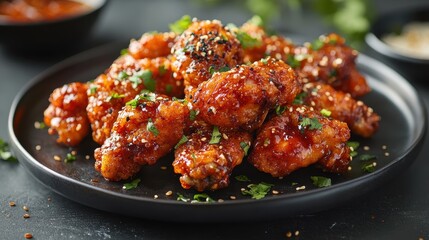 Fototapeta premium Soy and Spicy Korean Fried Chicken Served on a Black Plate