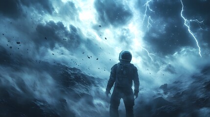 Obraz premium Hostile Arrival. A futuristic spaceman arrives onto a stormy planet surface. Conceptual 3D illustration. 