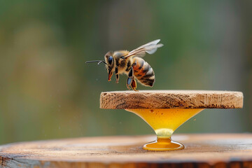 A bee hovers delicately over a wooden honey dipper, symbolizing nature’s sweet harmony. Ideal for honey brands, natural food products, organic packaging, and environmental awareness campaigns