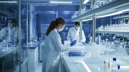 Biotech research lab: Scientists developing new healthcare solutions through bioengineering and biotechnology innovations