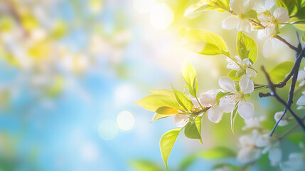 Obraz premium Delicate white blossoms and lush green leaves illuminated by bright spring sunlight