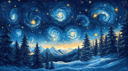 A night deep blue sky with swirling stars and winter forest of pine trees in the foreground. The foreground is a snowy landscape with rolling hills. Dreamy and festive mood. Winter background.