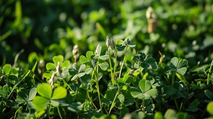 Close Up of Green Clover Leaves in a Lush Field