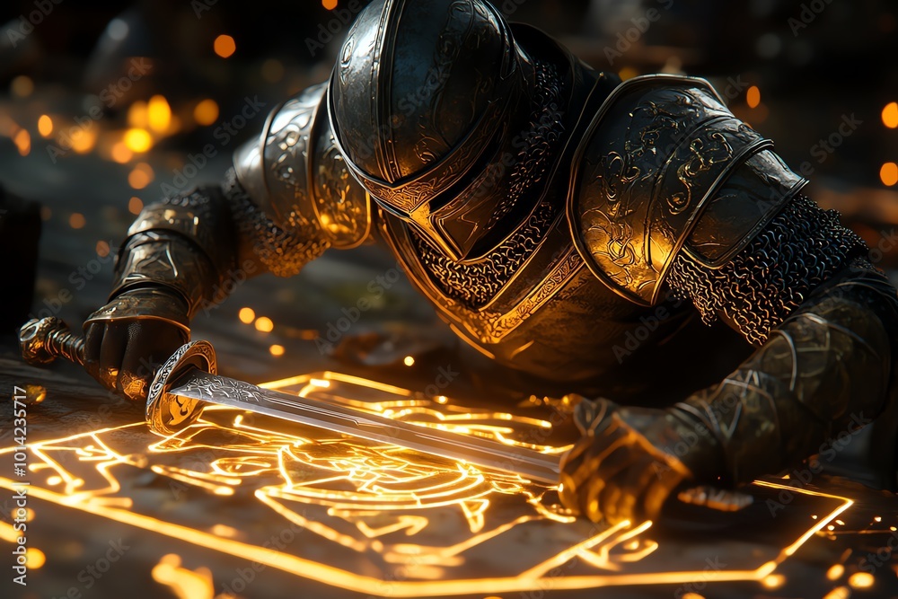 Poster knight in shining armor preparing a sword, surrounded by glowing light and mystical objects, getting