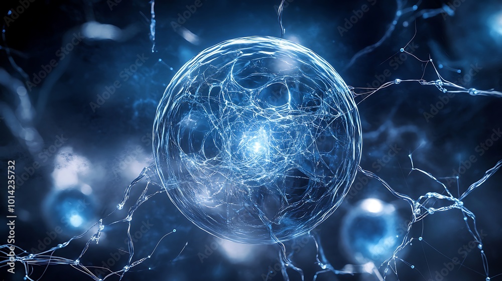 Poster Abstract digital rendering of a glowing sphere with a network of interconnected lines, resembling a neural network or a cell.