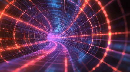 Fototapeta premium Colorful digital tunnel with glowing lines in vibrant hues, dark background.