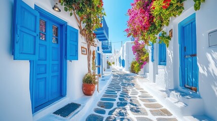 Fototapeta premium Picturesque narrow blue and white cobble street and traditional Greek houses in Mykonos Island Greece : Generative AI