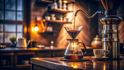 drink, filter, brewed, coffee beans, hot, dimly lit, black, morning, caffeine, caffeine addiction, Drip coffee being brewed in a dimly lit kitchen at a low angle perspective