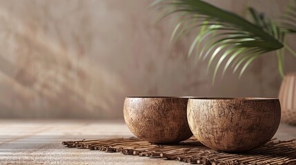 Two coconut bowls filled with food or drink placed on a rustic wooden table surrounded by lush tropical palm leaves creating a peaceful and serene atmosphere for a relaxing meal