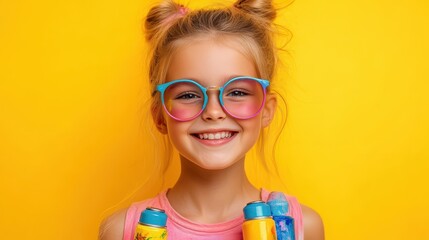 Obraz premium Young girl with spray cans on yellow background