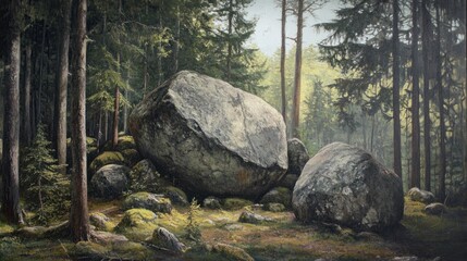 Naklejka premium Large boulders resting in a forest clearing, surrounded by trees and underbrush