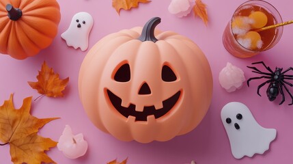 Halloween themed pumpkin, ghost cake recipes , flat design, 3D render, top view, Triadic color scheme, spooky food and drinks