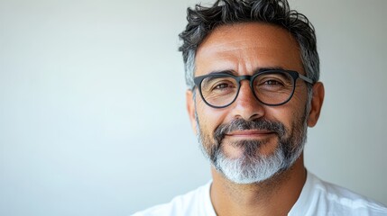 Fototapeta premium Close-up portrait of a mature middle-aged man, a freelancer or entrepreneur, isolated on a white background. A smiley, good-looking, 40-year-old Latin Hispanic businessman faces the camera.