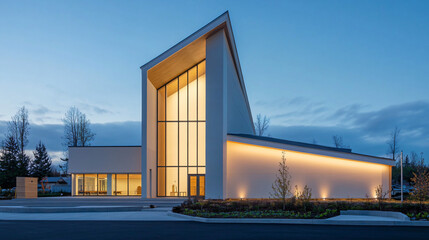 Obraz premium A modern church with minimalist design, large glass windows, and open spaces, symbolizing contemporary worship practices.