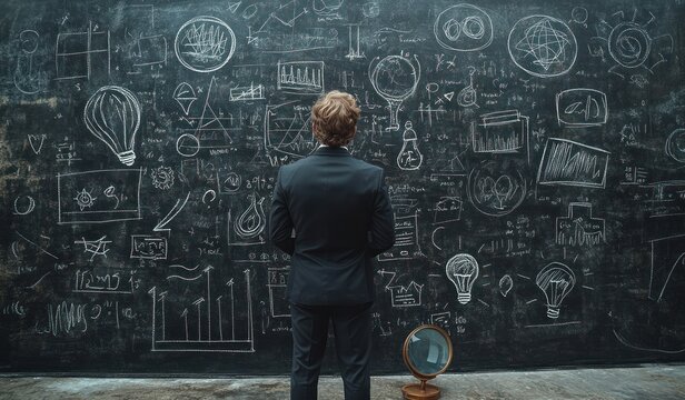 Man Contemplating Ideas on Blackboard