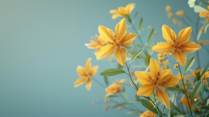 Fototapeta premium Stunning close up of vibrant yellow flowers blooming in an idyllic natural landscape surrounded by lush greenery and basking in warm radiant sunlight The delicate petals and stems create a serene