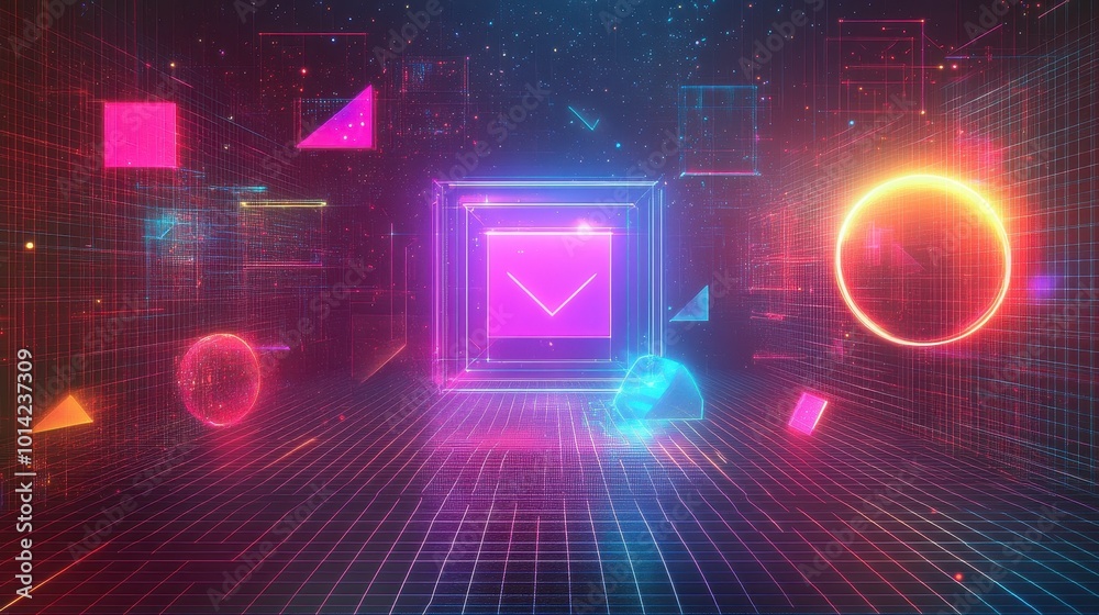 Wall mural generative ai abstract illustration of geometric shapes and structures in colorful neon colors and l
