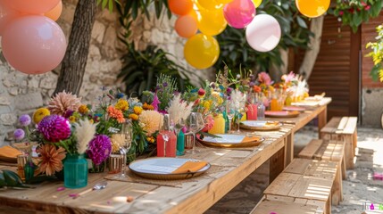 Vibrant Outdoor Party with Festive Decor and Dining Setup