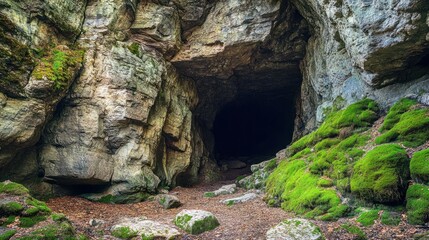Obraz premium Large limestone cave entrance, with moss-covered rocks and a dark interior beckoning exploration