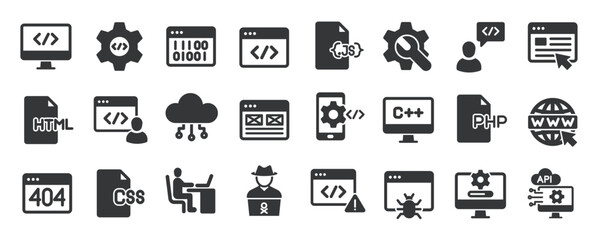 Programming glyph solid icons collection. Containing coding, binary, development, software, website. Minimal icon and symbol series vector illustration