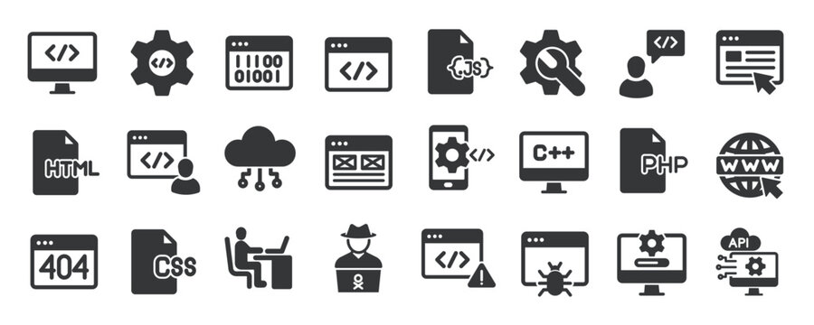 Programming glyph solid icons collection. Containing coding, binary, development, software, website. Minimal icon and symbol series vector illustration