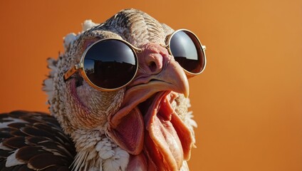 Close-up of a turkey with sunglasses, brown and white feathers, no people visible