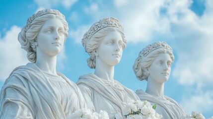 Obraz premium Three elegant white statues of women against a soft blue sky with clouds, showcasing classical artistry and serene beauty