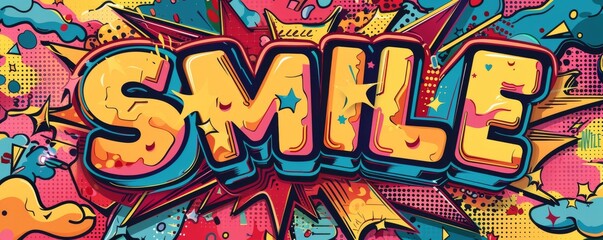 Colorful pop art background with "SMILE" text. Electric theme, Bold graphics, Dynamic vector background