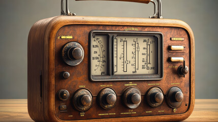 Fototapeta premium Vintage wooden radio with dials and gauges, showcasing a classic design and nostalgic appeal, sitting on a wooden surface against a neutral background.