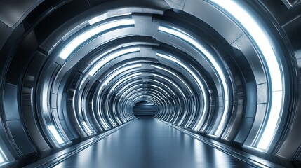 Obraz premium Futuristic tunnel with glowing lights and sleek metallic walls.