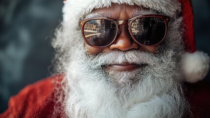 Generative AI illustration of portrait of modern black Santa Claus with sunglasses and long white beard smiling while looking at camera against dark background