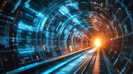 Futuristic tunnel with glowing lines leading to a bright light